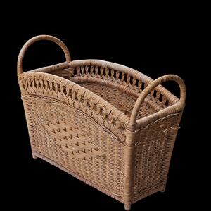 1960s Natural Rattan Handwoven Lacquered Magazine Rack Stand Basket Boho Chic